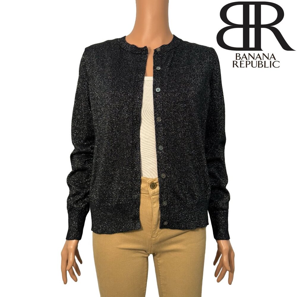 Banana Republic Merino Wool Crew Neck Button Down Cardigan Metallic Detail